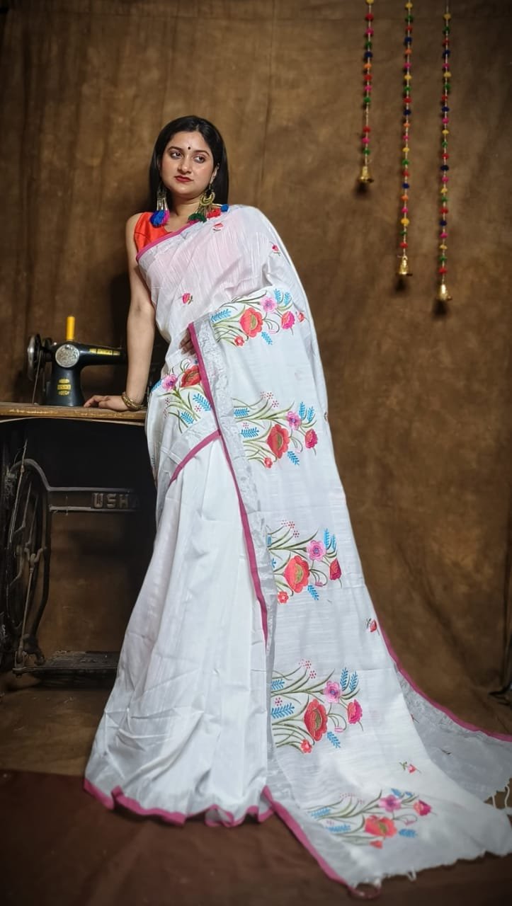 New Lotus White Embroidery Work Cotton Sari 1 New Lotus White Handloom Cotton Silk Saree
