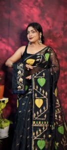 Pan Pata Soft Black Handloom Sari With Blouse Piece
