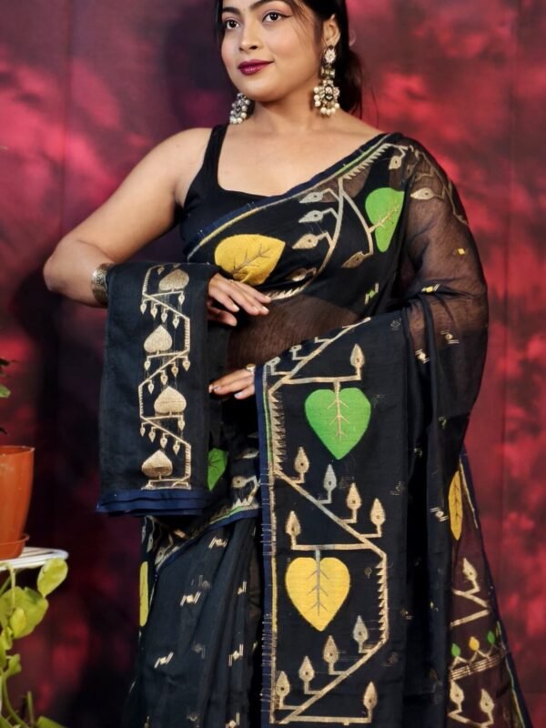Pan Pata Soft Black Handloom Sari With Blouse Piece