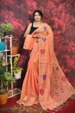 Pan Pata Soft Dark Salmon Handloom Sari With Blouse Piece