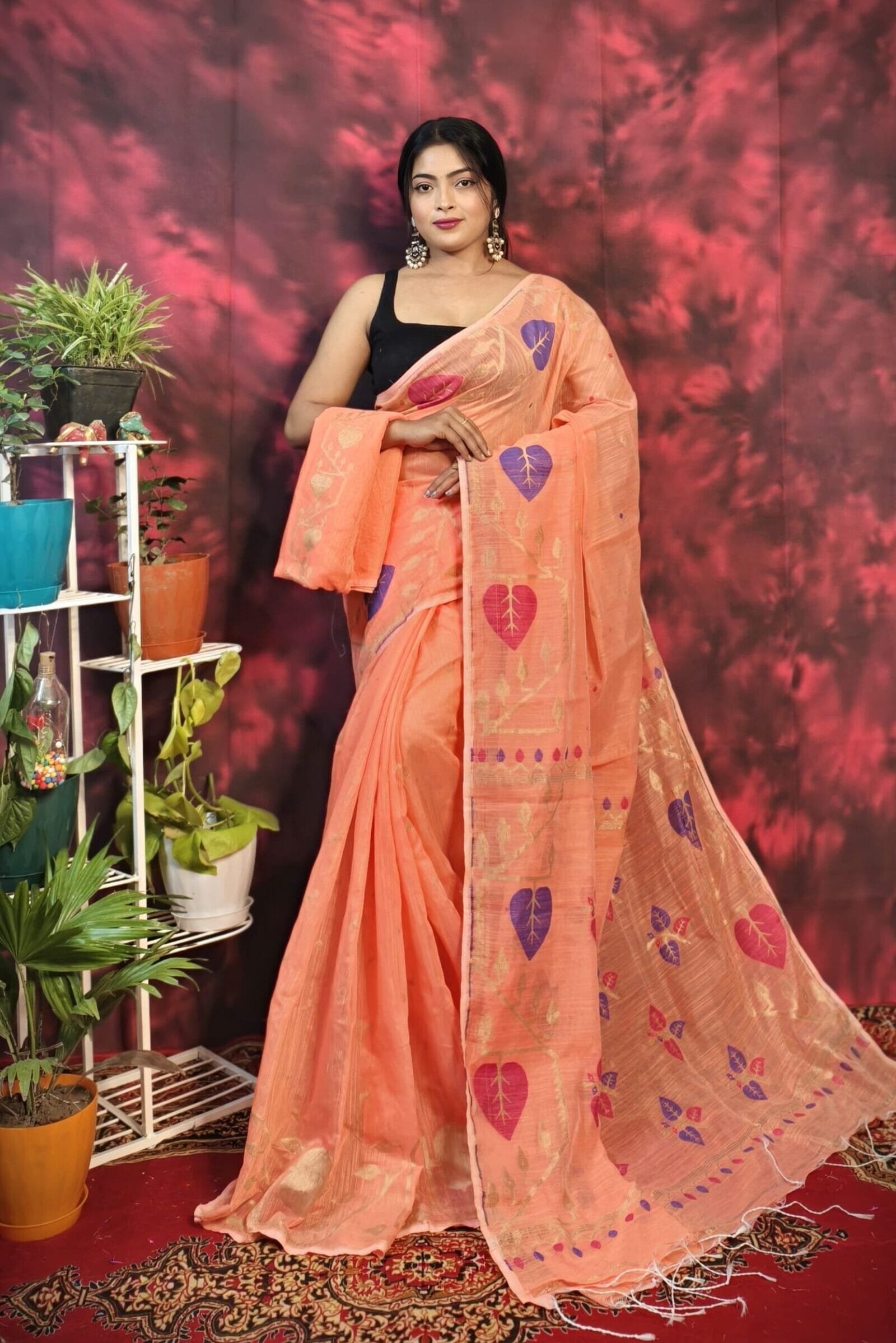 Pan Pata Soft Dark Salmon Handloom Sari With Blouse Piece