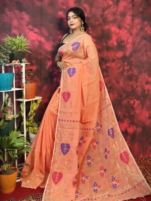Pan Pata Soft Dark Salmon Handloom Sari With Blouse Piece
