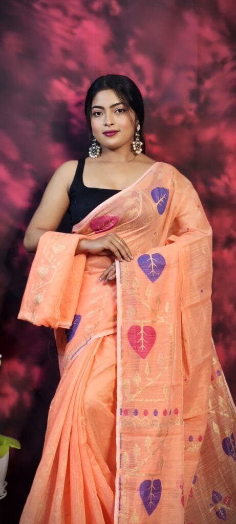 Pan Pata Soft Dark Salmon Handloom Sari With Blouse Piece