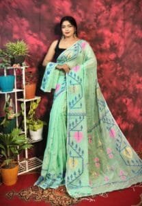 Pan Pata Soft Frog Green Handloom Sari With Blouse Piece