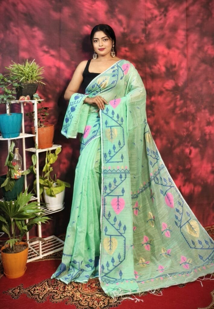 Pan Pata Soft Frog Green Handloom Sari With Blouse Piece