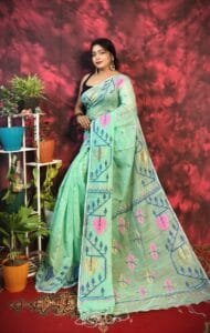 Pan Pata Soft Frog Green Handloom Sari With Blouse Piece