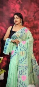 Pan Pata Soft Frog Green Handloom Sari With Blouse Piece