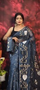 Pan Pata Soft Jet Grey Handloom Sari With Blouse Piece