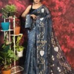 Pan Pata Soft Jet Grey Handloom Sari With Blouse Piece