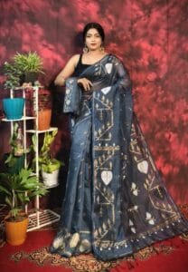 Pan Pata Soft Jet Grey Handloom Sari With Blouse Piece