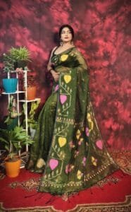 Pan Pata Soft Muddy Green Handloom Sari With Blouse Piece