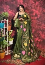 Pan Pata Soft Muddy Green Handloom Sari With Blouse Piece