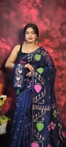 Pan Pata Soft Navy Blue Handloom Sari With Blouse Piece