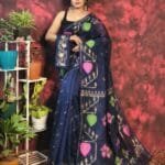 Pan Pata Soft Navy Blue Handloom Sari With Blouse Piece