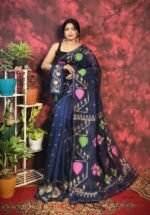 Pan Pata Soft Navy Blue Handloom Sari With Blouse Piece