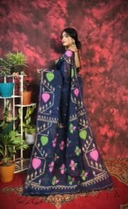 Pan Pata Soft Navy Blue Handloom Sari With Blouse Piece