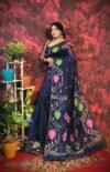 Pan Pata Soft Navy Blue Handloom Sari With Blouse Piece