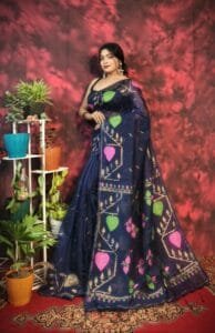 Pan Pata Soft Navy Blue Handloom Sari With Blouse Piece