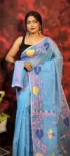 Pan Pata Soft Picton Blue Handloom Sari With Blouse Piece