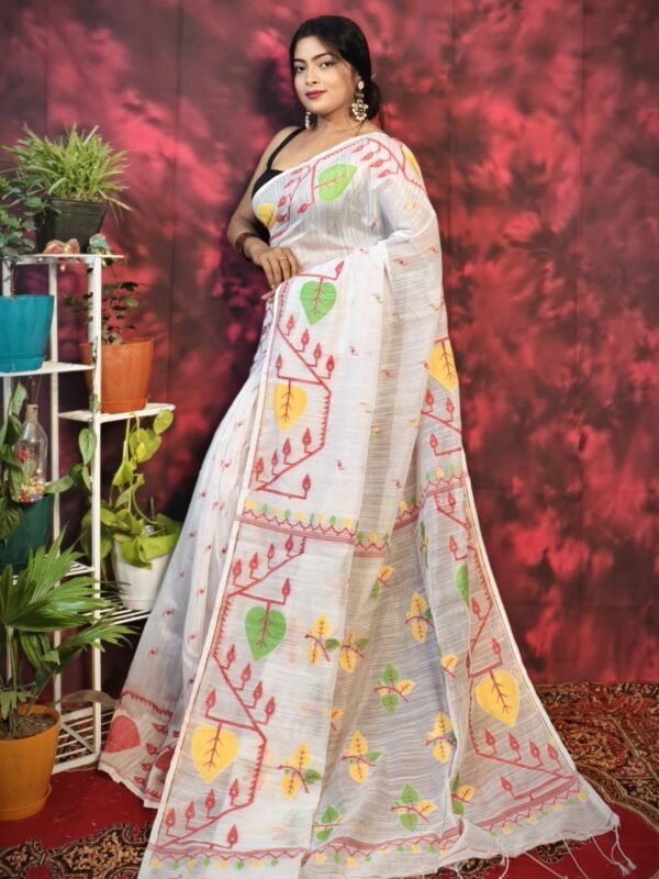 Pan Pata Soft White Handloom Sari With Blouse Piece