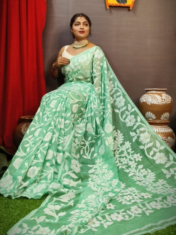 Champak Soft Aqua Forest Dhakai Jamdani Saree