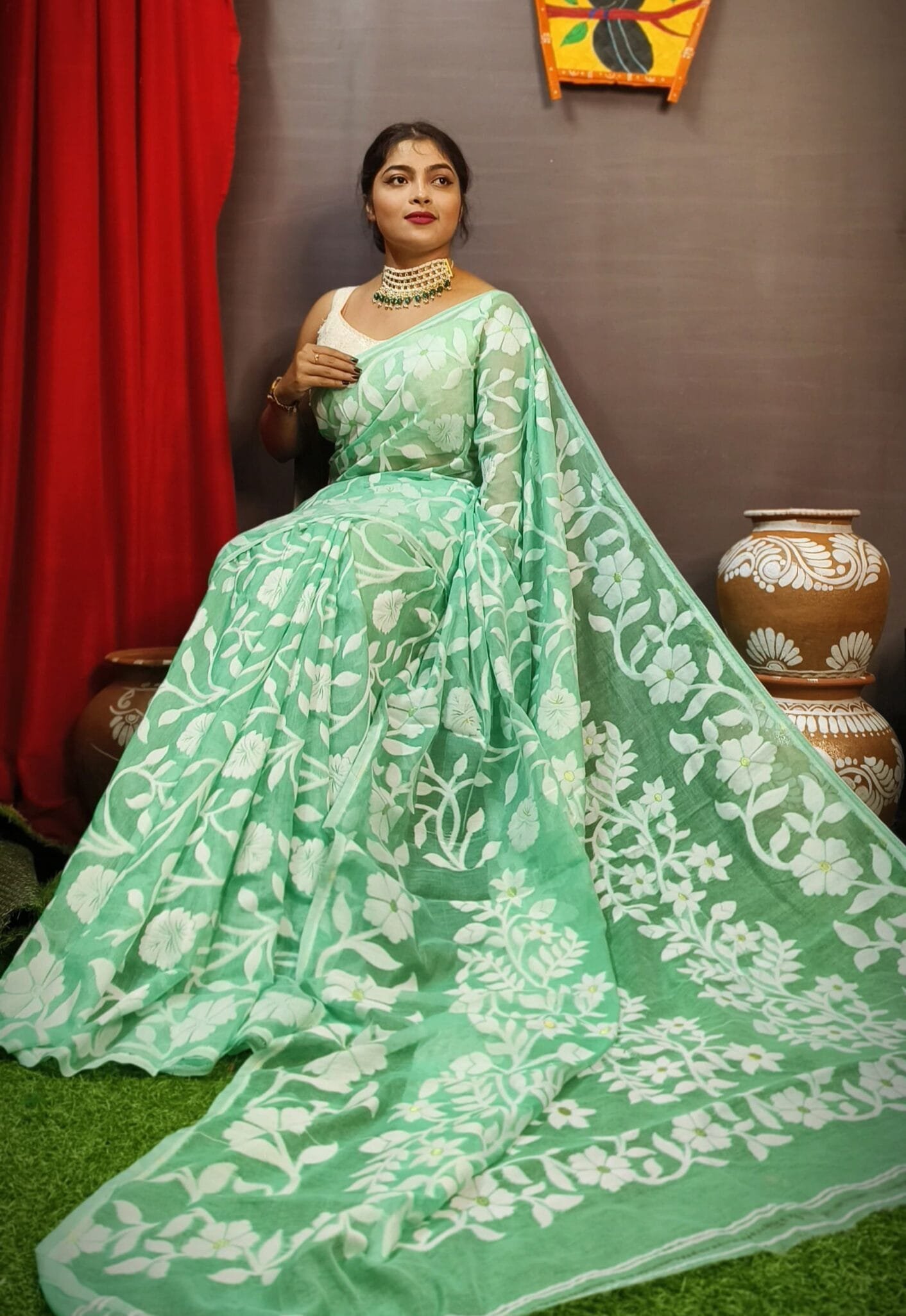 Champak Soft Aqua Forest Dhakai Jamdani Saree