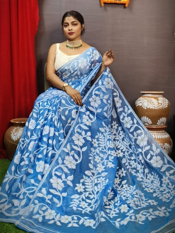 Champak Soft Dusk Blue Dhakai Jamdani Saree