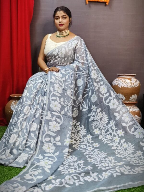 Champak Soft Gull Grey Dhakai Jamdani Saree