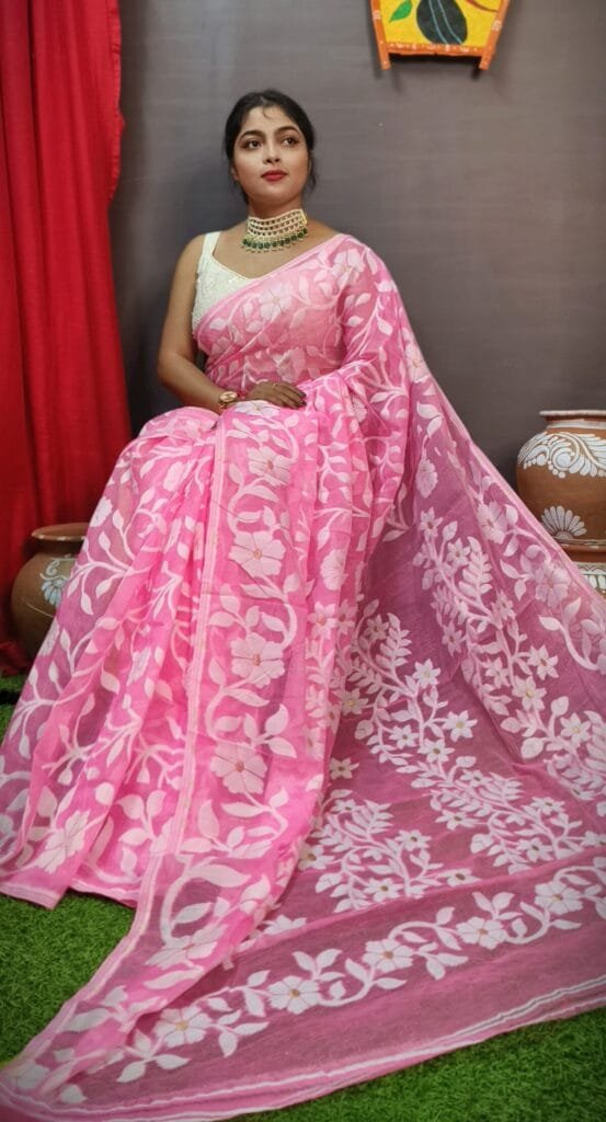 Champak Soft Pink Rose Dhakai Jamdani Saree