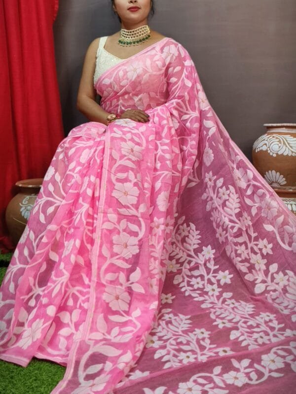 Champak Soft Pink Rose Dhakai Jamdani Saree