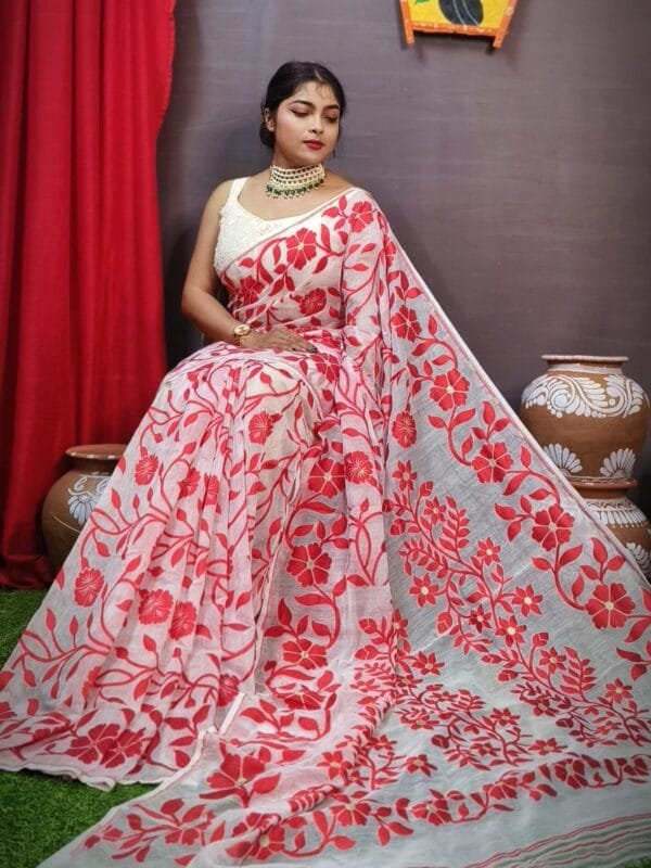 Champak Soft White Dhakai Jamdani Saree