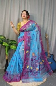 Marigold Soft Denim Blue Dhakai Jamdani Saree