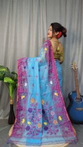 Marigold Soft Denim Blue Dhakai Jamdani Saree
