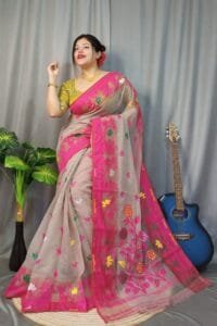 Marigold Soft Mushroom Dhakai Jamdani Saree