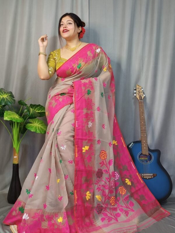 Marigold Soft Mushroom Dhakai Jamdani Saree