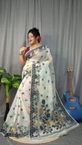 Marigold Soft White Dhakai Jamdani Saree