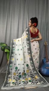 Marigold Soft White Dhakai Jamdani Saree