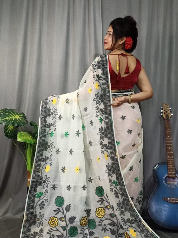 Marigold Soft White Dhakai Jamdani Saree