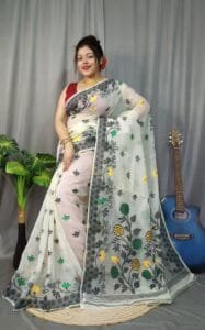 Marigold Soft White Dhakai Jamdani Saree