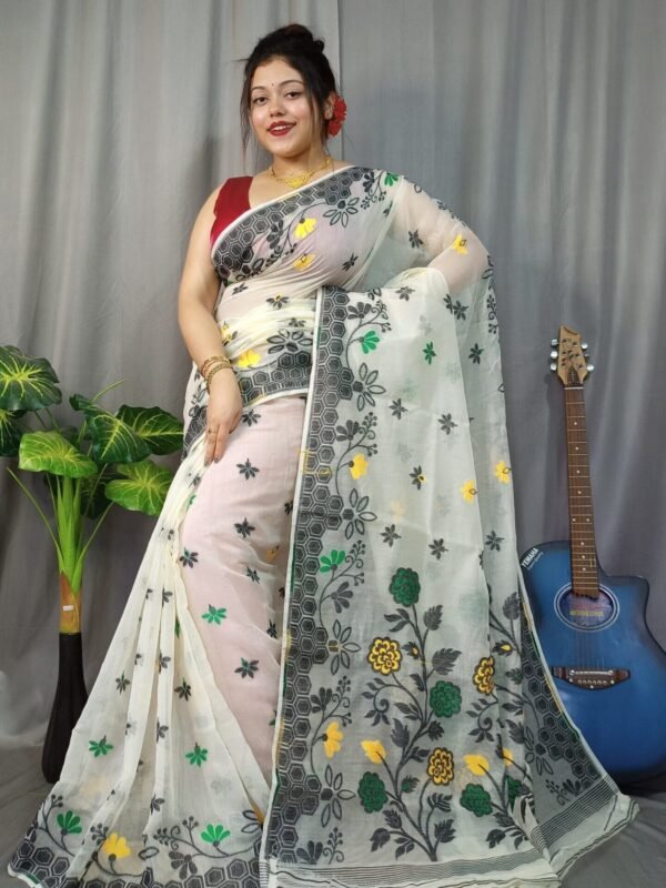 Marigold Soft White Dhakai Jamdani Saree