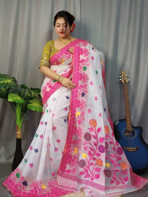 Marigold Soft White Dhakai Jamdani Sari