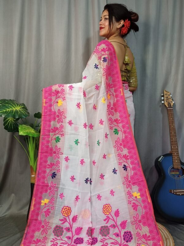 Marigold Soft White Dhakai Jamdani Sari