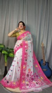 Marigold Soft White Dhakai Jamdani Sari