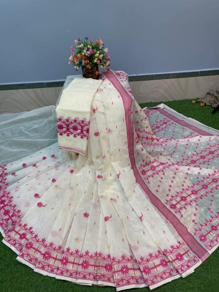 Nilanjona Soft White Rock Jamdani Saree