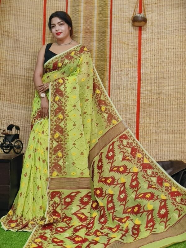 Oleander Soft Avocado Green Dhakai Jamdani Saree
