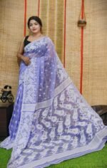 Oleander Soft Blueberry Dhakai Jamdani Saree