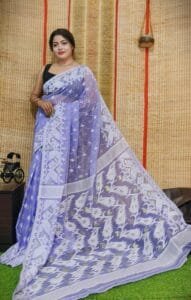 Oleander Soft Blueberry Dhakai Jamdani Saree