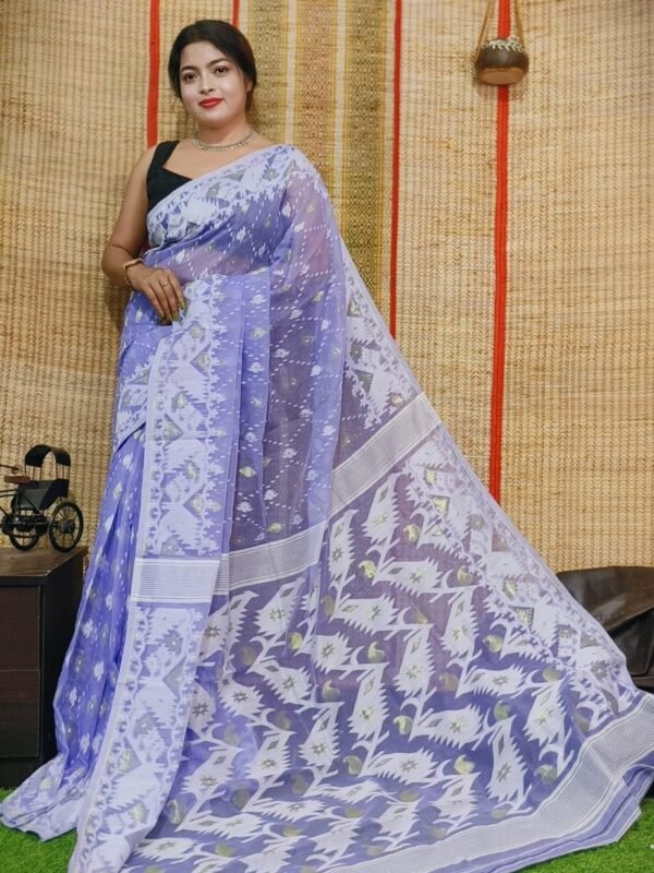 Oleander Soft Blueberry Dhakai Jamdani Saree