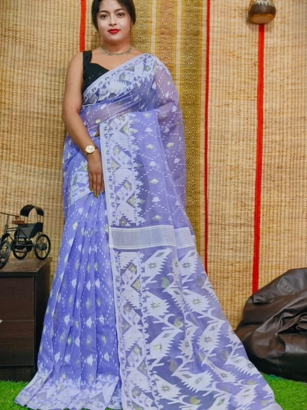 Oleander Soft Blueberry Dhakai Jamdani Saree