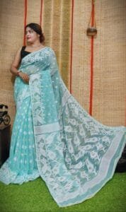 Oleander Soft Fountain Blue Dhakai Jamdani Saree